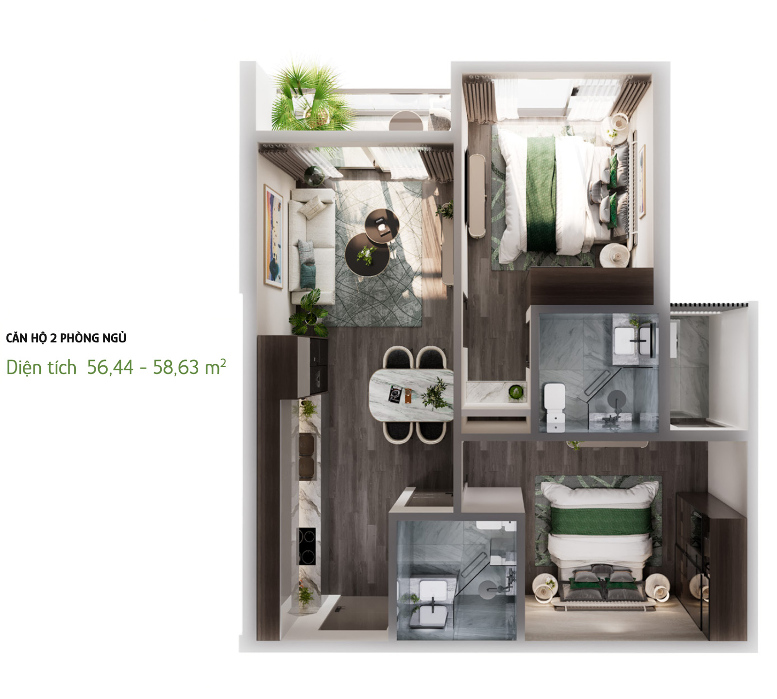 Mặt bằng căn 2 ngủ The Parkland