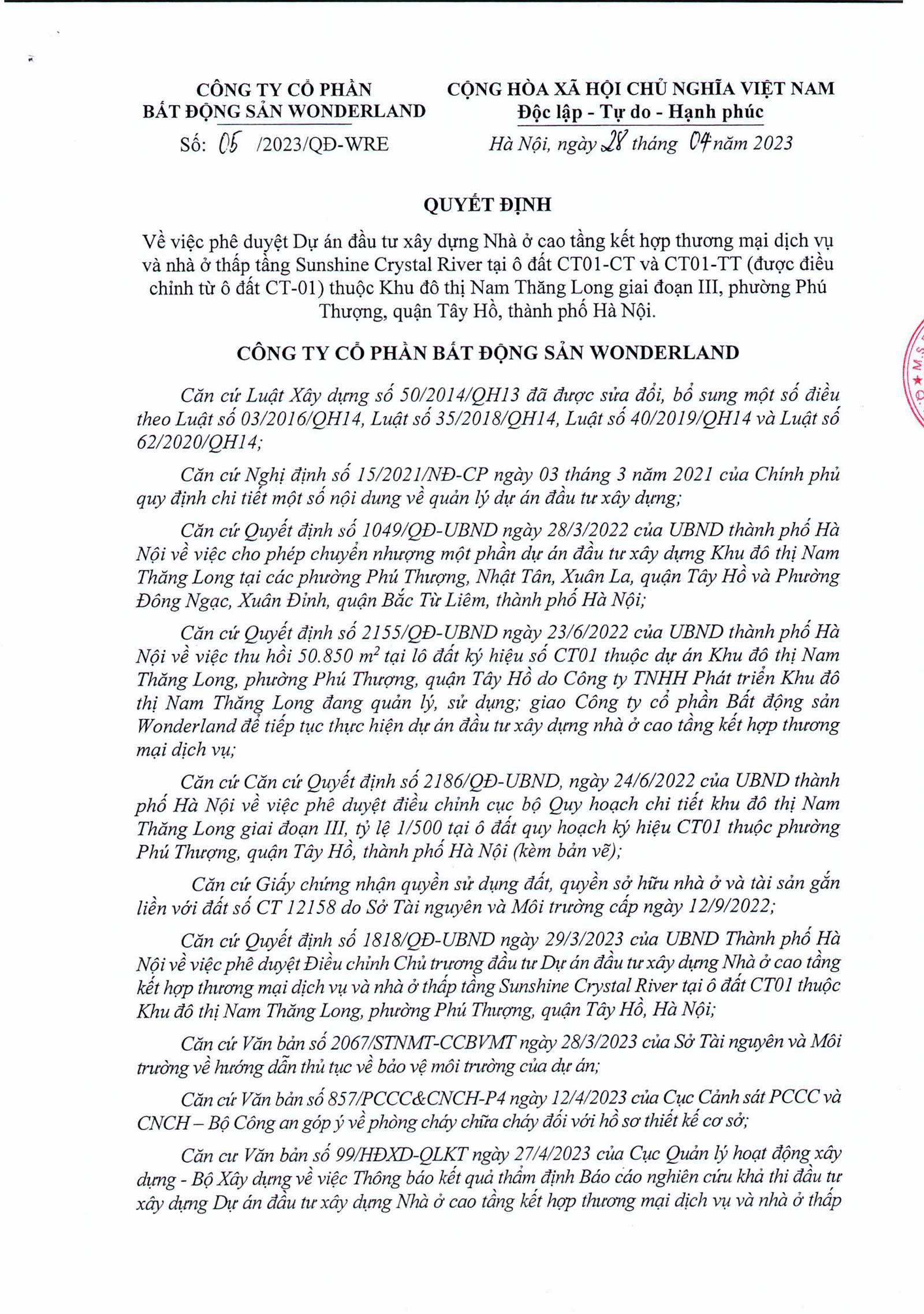 QĐ về việc phê duyệt dự án đầu tư Noble Crystal Tây Hồ