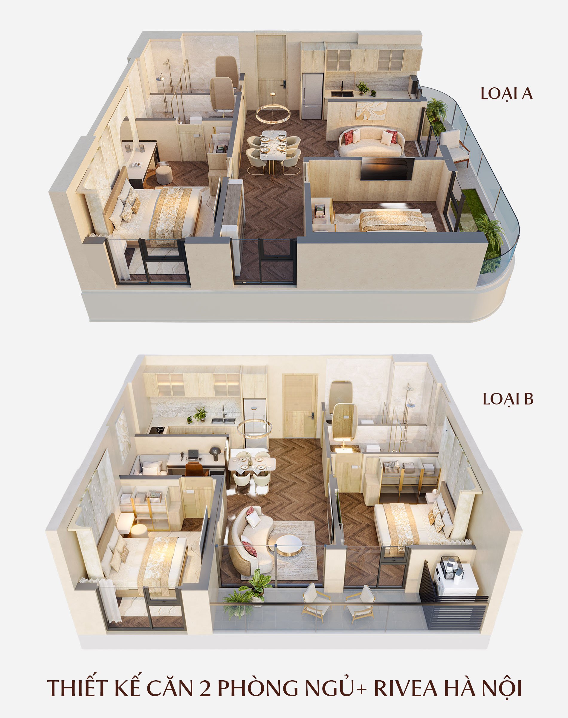 Thiết kế căn 2 phòng ngủ+1 Rivea Hà Nội