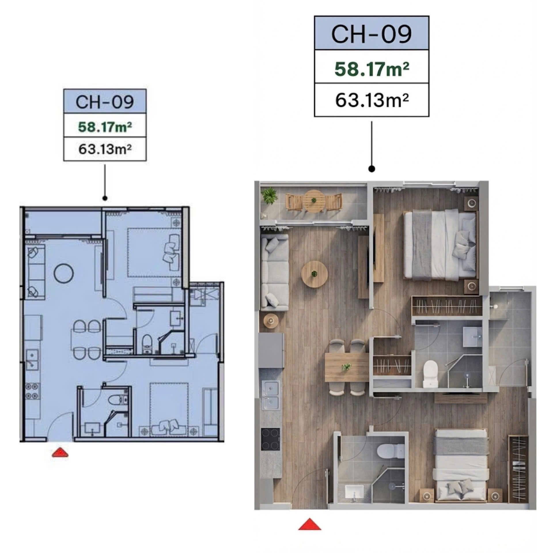 Thiết kế căn 2 ngủ The Parland