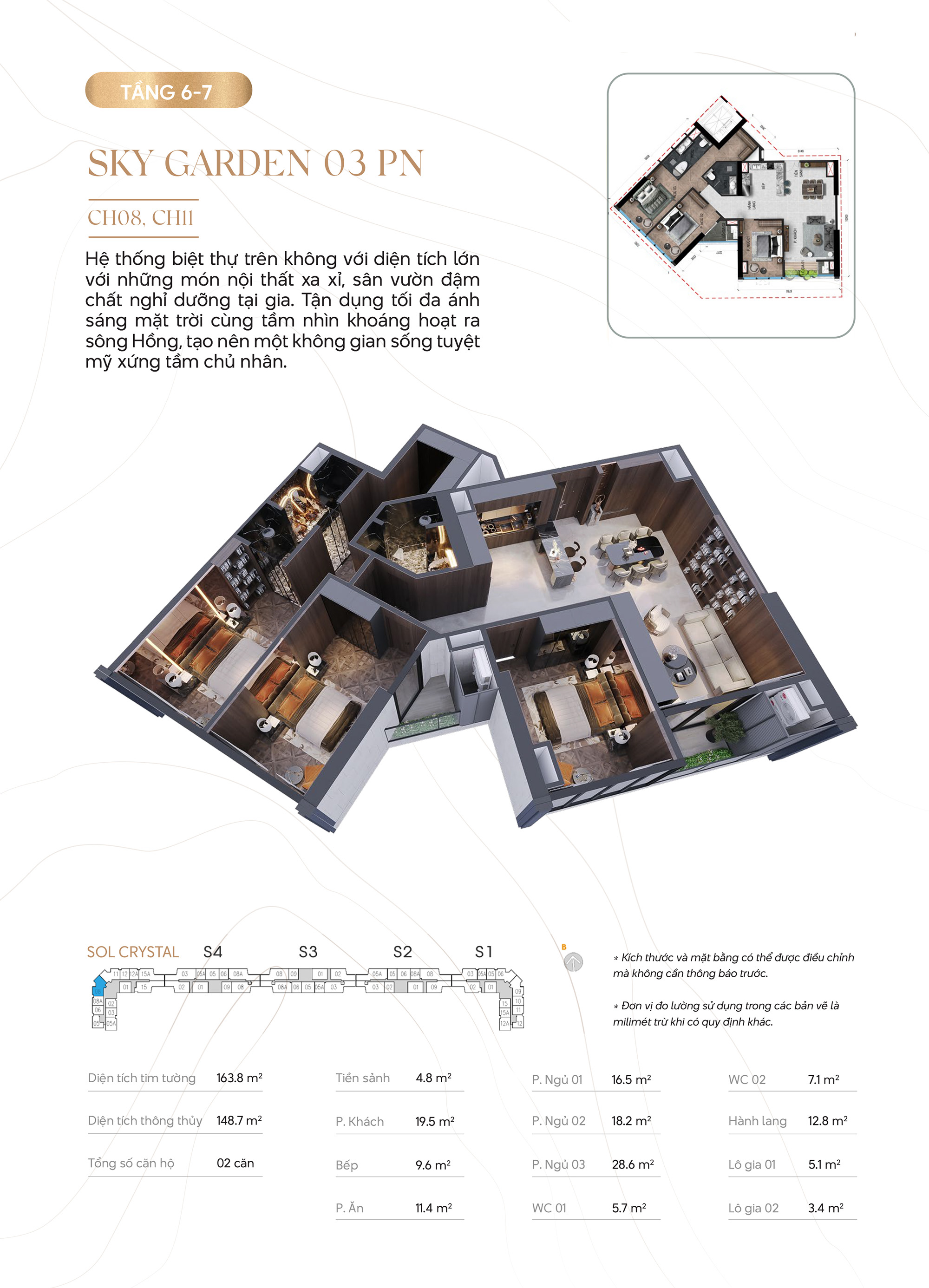Thiết kế căn hộ Sky Gardren 3 phòng ngủ tầng 6-7 Noble Crystal Tây Hồ