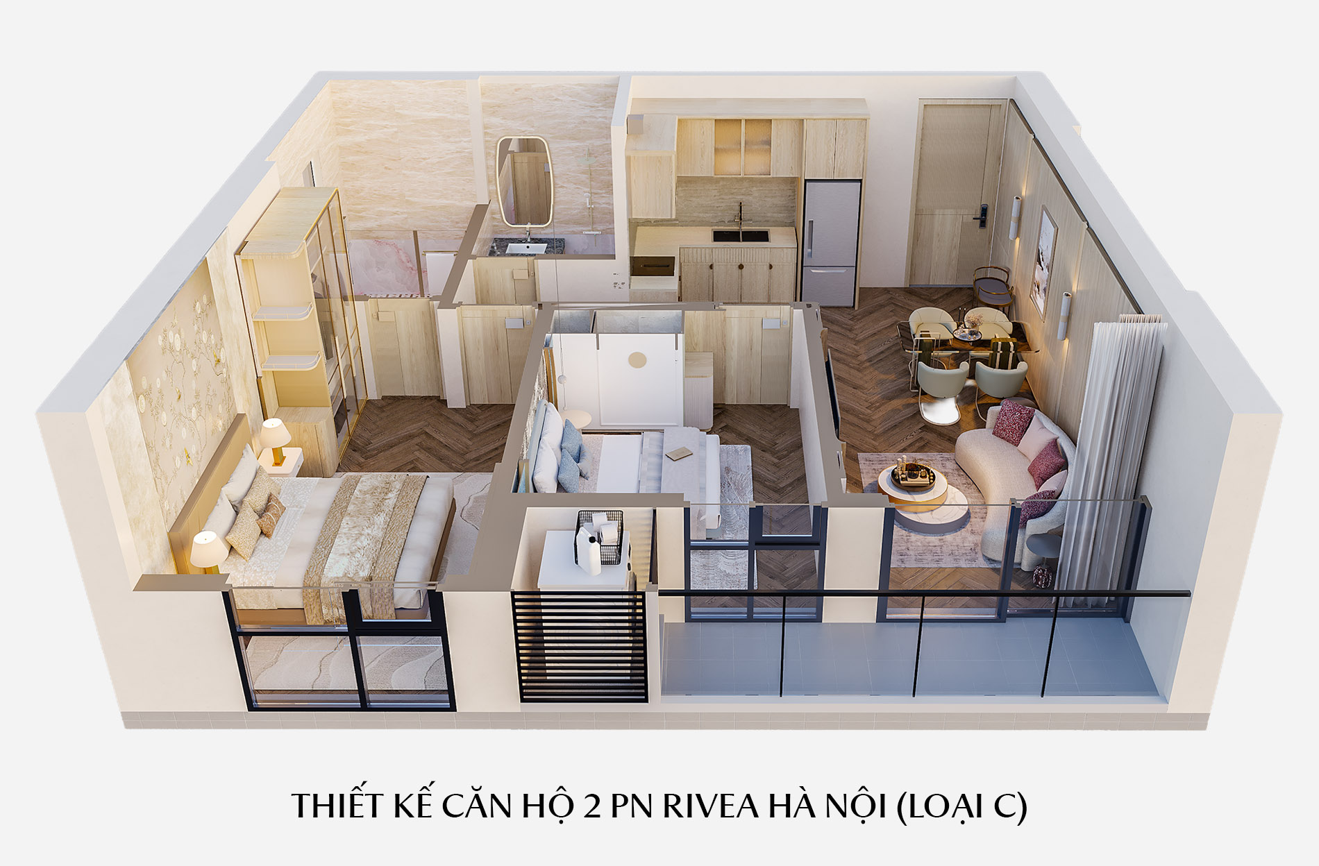 Thiết kế căn hộ 2 phòng ngủ Rivea Hà Nội (Loại C)