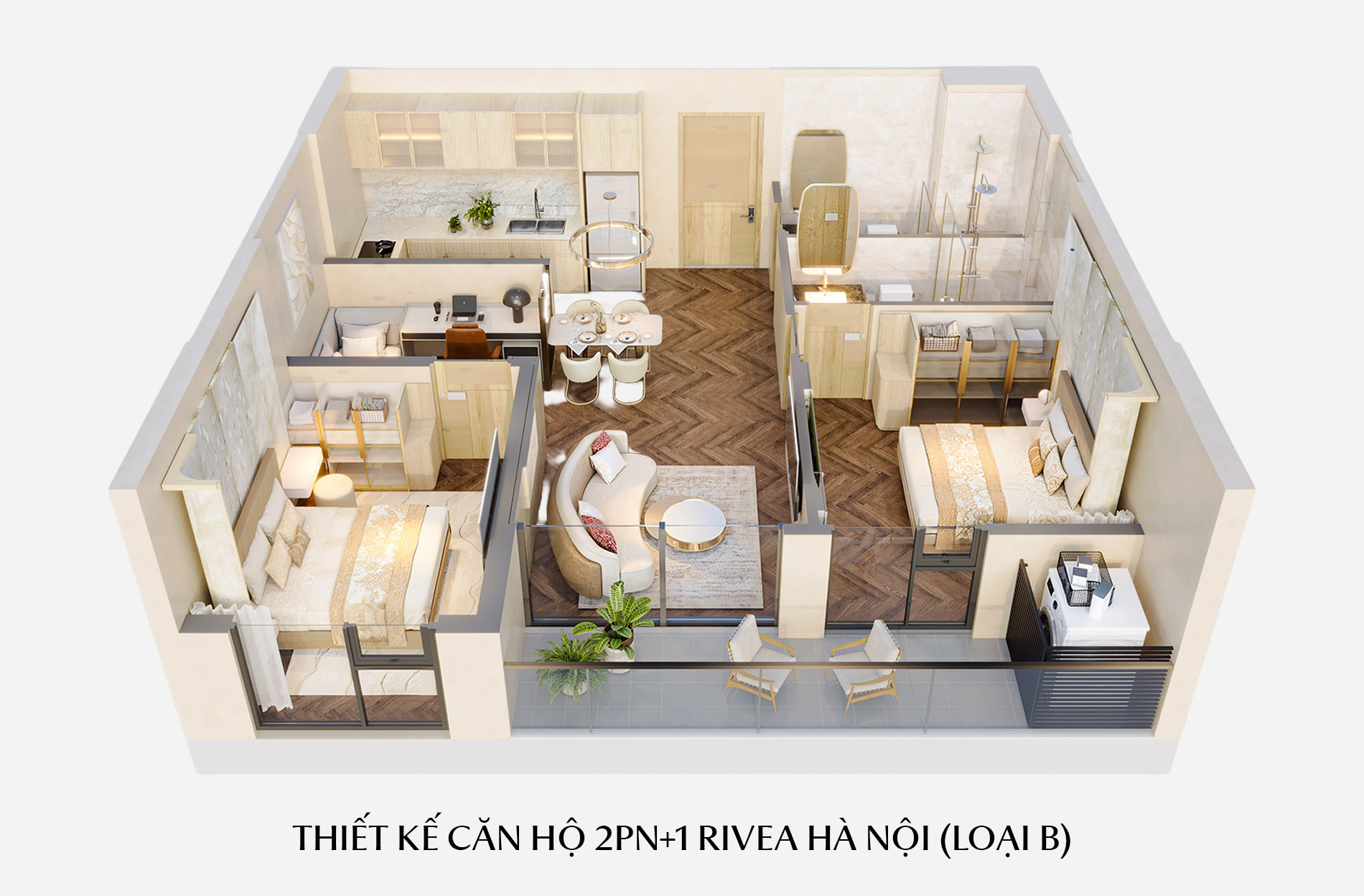 Thiết kế căn hộ 2 phòng ngủ+1 Rivea Hà Nội (Loại B)