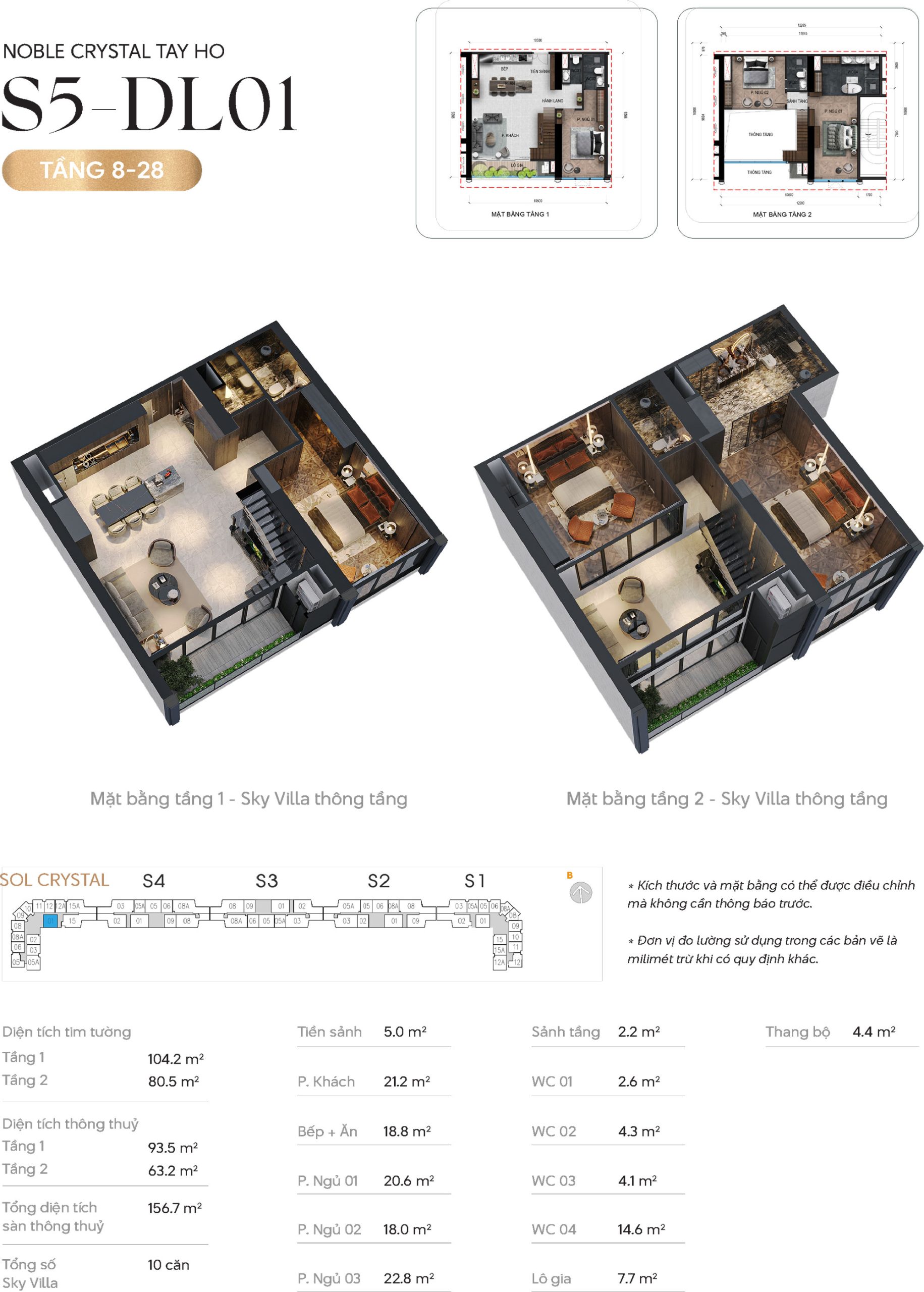 Thiết kế căn hộ 01 - Duplex thông tầng - 3 phòng ngủ - tầng 8-28 - Noble Crystal Tây Hồ