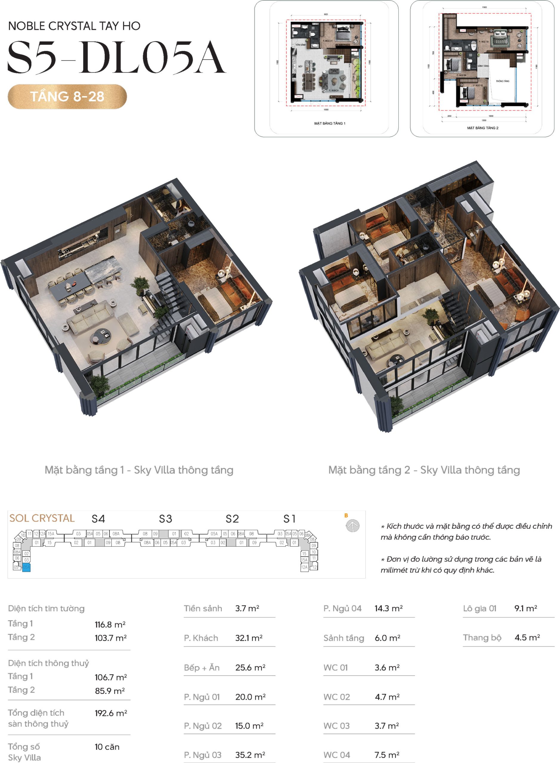 Thiết kế căn hộ 05a - Duplex thông tầng - 4 phòng ngủ - tầng 8-28 - Noble Crystal Tây Hồ